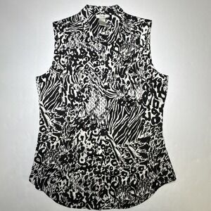 Blouse Mixed Animal Print Black White Medium Cache Sleeveless Snap Button Down